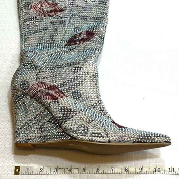 Rhinestone Wedge Boots Sz 11 Lips Print Knee High Pointed Toe Sparkle Glam - Picture 7 of 13